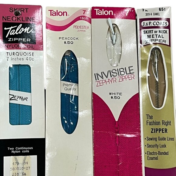 Vintage Talon & J.P. Coats Zippers Lot Of 4 Turquoise Peacock White & Camel  7" - Picture 1 of 2